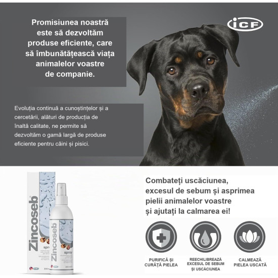 Soluție Topică pentru Calmarea și Echilibrarea Nivelului de Sebum la Câini și Pisici Zincoseb Spray, 200 ml – ICF